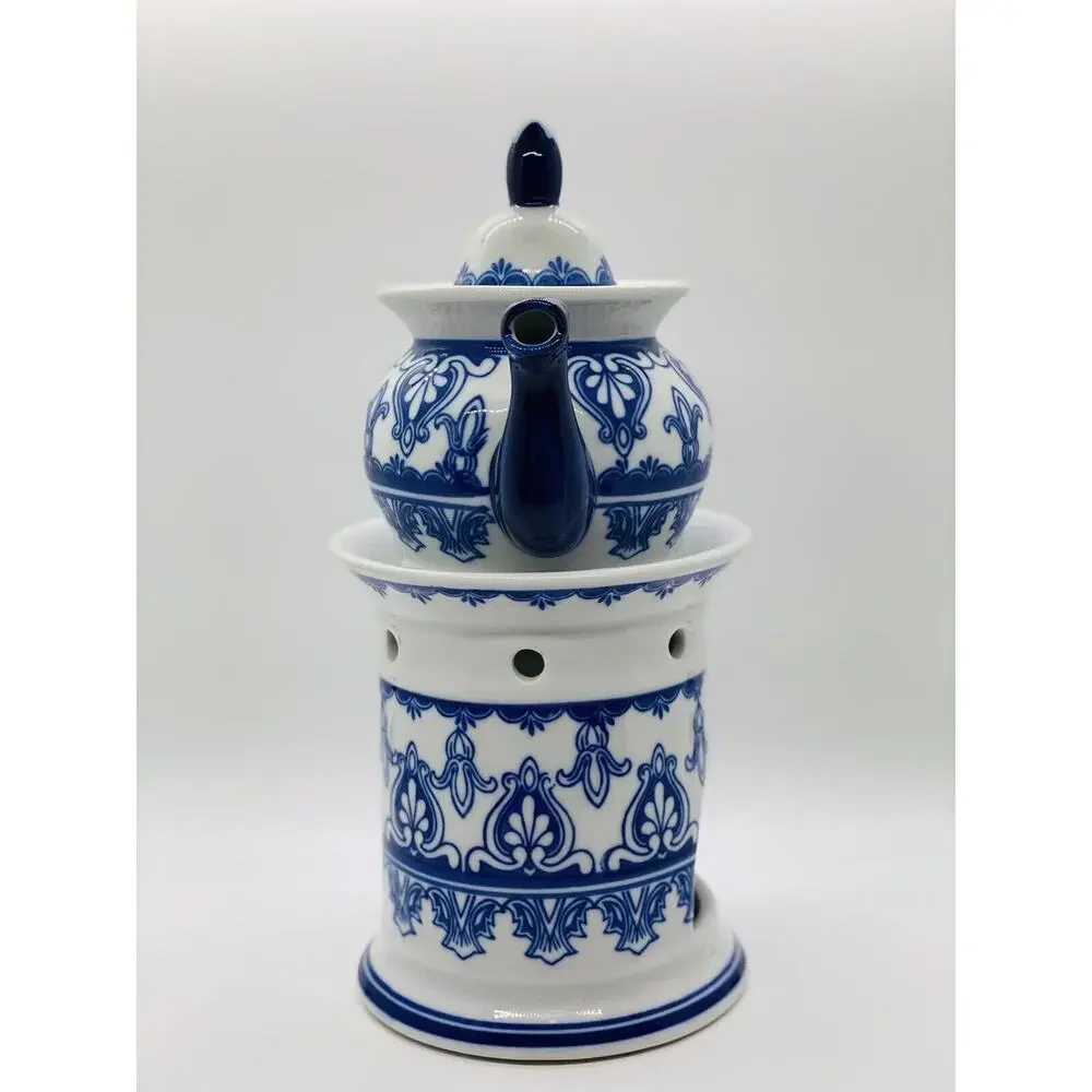 Bombay Blue/White Porcelain Single Serve Teapot With Warmer